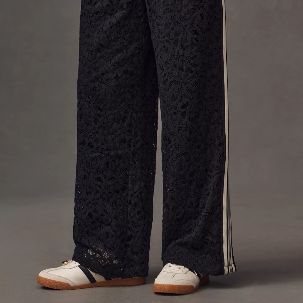 Maeve Black Wide-Leg Lace Track Pants with Cream Stripes - Picture 2 of 5